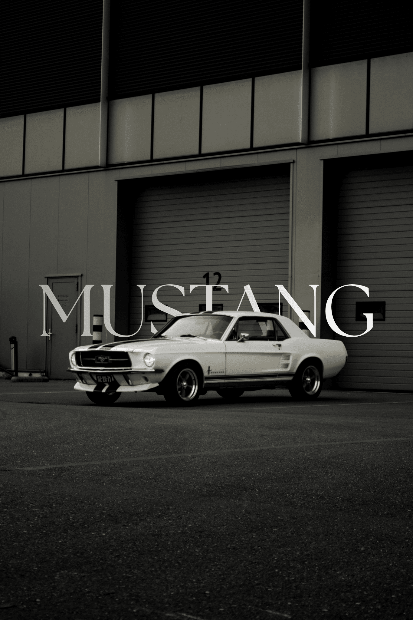 Text behind image effect — MUSTANG text placed behind a classic Ford Mustang